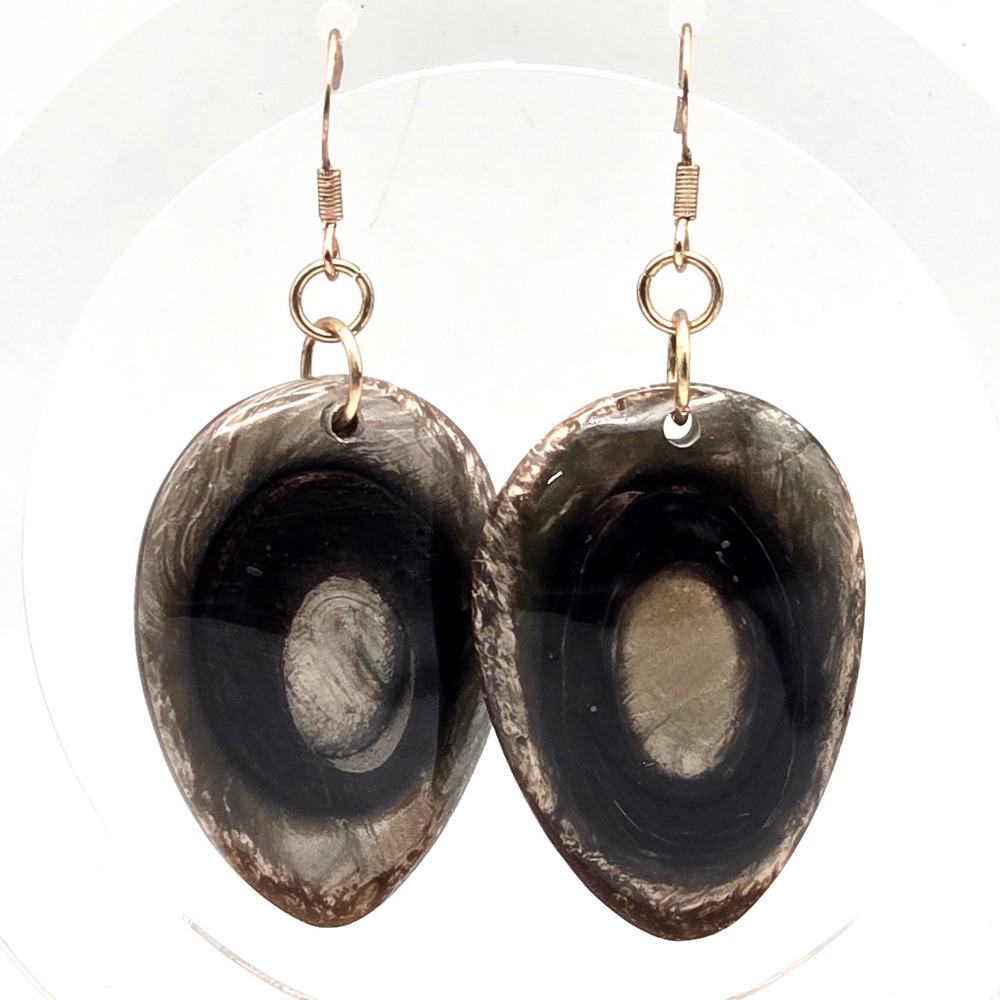 Boho Teardrop Dangle Resin Earrings Horn Slice Inlay Black Brown Gold Tone Hook